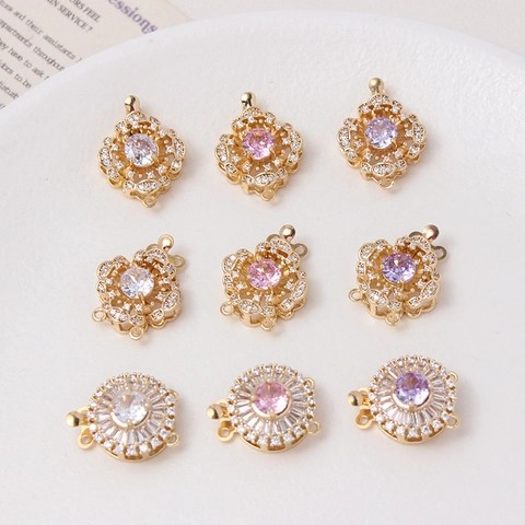 Fermoir Bijoux Camélia Rond Cuivre Plaqué Or 14K Zircon Connecteur DIY Pour Bracelet Collier