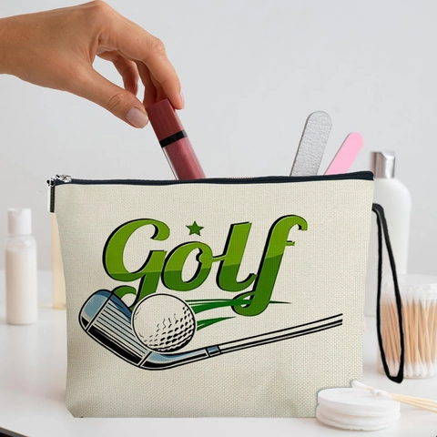 Borsa Per Trucchi Con Stampa Golf Finto Lino Portatile Pochette Per Cosmetici Con Cerniera E Cinturino Da Polso Stile Sportivo