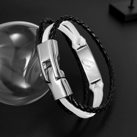 Men Multi Layer Woven Leather Bracelet Minimalist Punk Hip Hop Style With Blank Metal Plate Jewelry Accessory