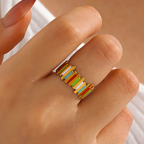Roestvrijstalen Vergulde Open Ring Kleurrijke Emaille Gestreept Geometrisch Verstelbaar Niche Ontwerp Voor Dames