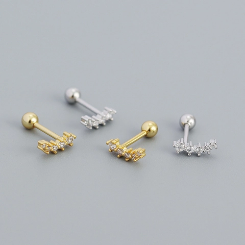 Geometric Curved Zircon Stud Earrings S925 Sterling Silver Screw Ball Back Minimalist Piercing Jewelry Women