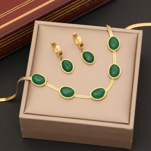 Elegante Collana Bracciale Orecchini In Acciaio Inossidabile Catena A Serpente Piatta Pietra Ovale Verde Smeraldo Per Donne