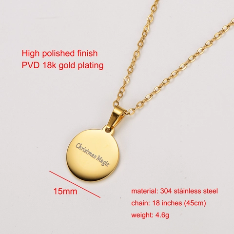 Collar Con Colgante De Disco Redondo Grabado Christmas Magic Acero Inoxidable 304 Chapado En Oro De 18K PVD Joyería Para Mujer
