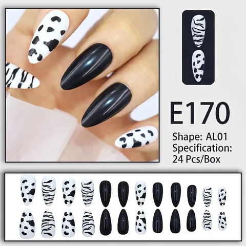 Press On Nails Glanzend Zwart Wit Zebra Koe Print Amandelvorm Valse Kunstnagels Voor Dames Chique Stijl