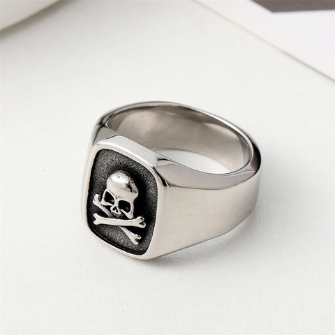 Anillo De Sello De Calavera Y Huesos Cruzados Acero Inoxidable Punk Gótico Retro Biker Joyería Para Hombre