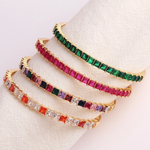 Luxury Square Zircon Bangle Copper 18K Gold Plated Hinge Opening Rainbow Colorful Stones Elegant Jewelry For Women