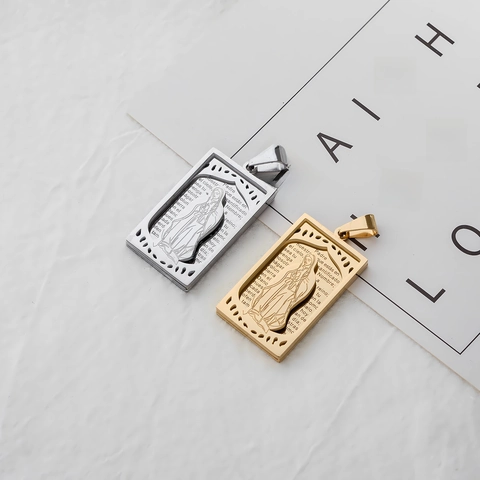 Men Religious Pendant Necklace Stainless Steel 18K Gold Plated Virgin Mary Jesus Crucifix Padre Nuestro Spanish Prayer