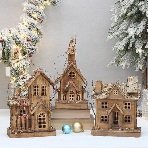 Kerst Houten Huis Verlichte Hut Pailletten Glitter Kerkmodel Desktop Decoratie Warme LED Vintage Ornament