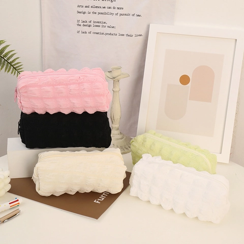 Popcorn Texture Pencil Case Large Capacity Bubble Fabric Stationery Bag Zipper Makeup Pouch Soft Durable Ins Style Universal