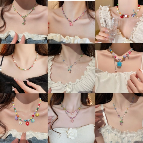 Artificial Baroque Pearl Necklace With Alloy Colorful Beaded Clavicle Chain Sweet Dopamine Style Jewelry For Women