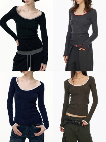 Damen Zopfstrickpullover Wolle Lyocell Mischung Kontrastbesatz Rundhals Langarm Slim Fit Elegant Oberteil