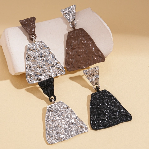 Geometric Drop Earrings Hammered Texture Asymmetric Contrast Color Alloy With 925 Sterling Silver Earring Post Women