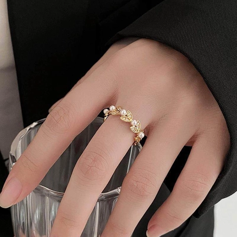 Elegant Leaf Wheat Ear Open Ring Adjustable Alloy Gold Plated Zircon Imitation Artificial Pearl Vintage Jewelry For Women