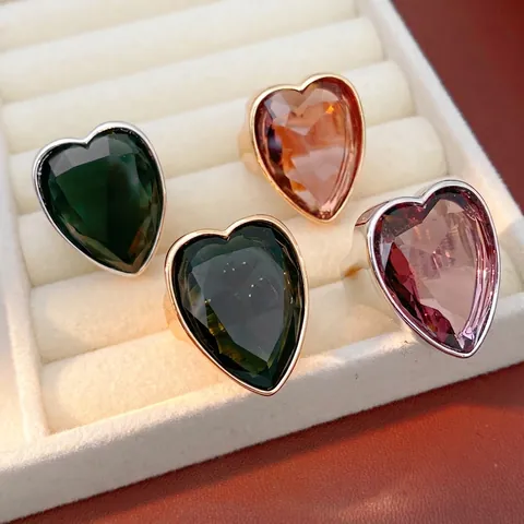 Adjustable Heart Shaped Faceted Zircon Ring Alloy Statement Exaggerated Retro Luxury Minimalist Jewelry For Women