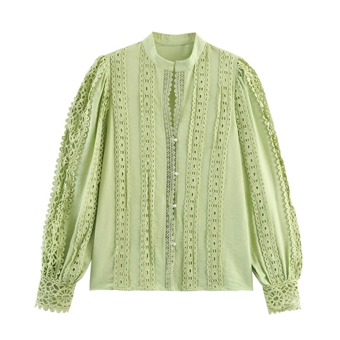 Blusa Mujer Patchwork Encaje Manga Larga Linterna Botones Perla Artificial Cuello Alzado Color Sólido Dulce Elegante Tope