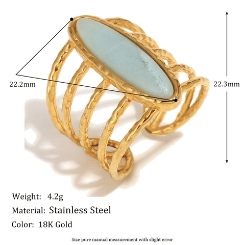 Stainless Steel Open Ring 18K Gold Plated Hammered Texture Light Blue Gemstone Bohemian Vintage Style For Women