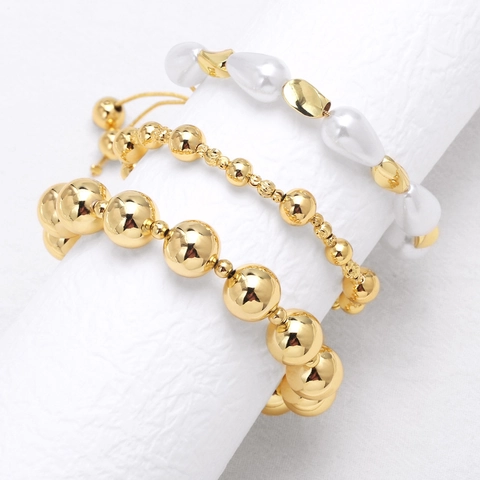 Bracelet pour Femme en Cuivre Plaqué Or avec Perles Artificielles Élégant Bracelet Ajustable Géométrique Cadeau Bijoux