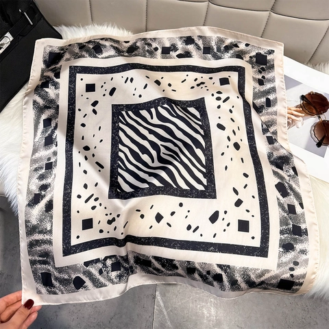Women Square Satin Scarf Polyester Satin Geometric Zebra Print Neck Hair Accessory Fashion Elegant Retro Office Lady
