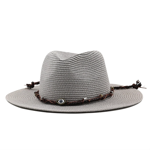 Straw Sun Fedora Hat Bohemian Evil Eye Braided Band Breathable Summer Beach Travel Wide Brim Panama Style Women Men