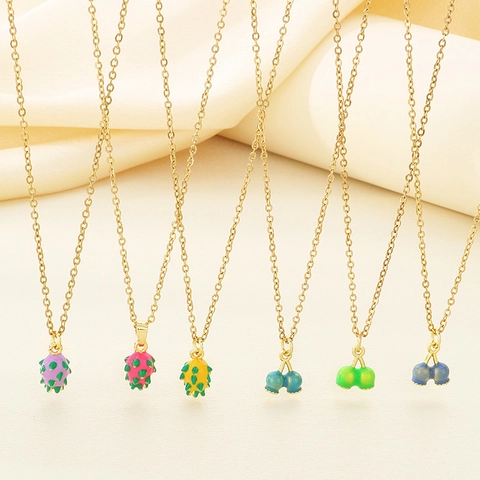 Fruit Pendant Necklace Stainless Steel Enamel Dragon Fruit Cherry Shapes Dopamine Colors Fashion Jewelry For Women