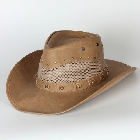 Western Cowboy Hat Faux Leather Breathable Mesh Wide Brim Vintage Retro Style Sun Protection Rivet Decor Outdoor Travel