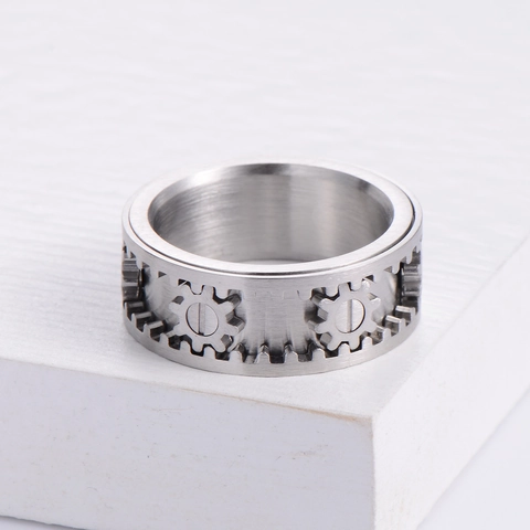 Men Stainless Steel Rotatable Gear Spinner Ring Punk Mechanical Industrial Style Band Jewelry Gift