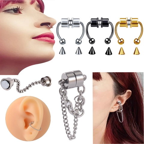 Anello Al Naso Finto Magnetico Senza Perforazione Acciaio Inossidabile Gioielli A Forma Di U Con Coni Di Ricambio E Orecchino