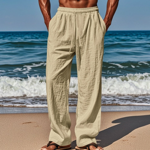Men Casual Pants Linen Blend Drawstring Elastic Waist Summer Vacation Style Solid Color Loose Fit Straight Leg Breathable