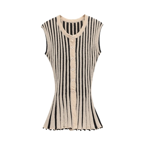 Striped Knit Sleeveless Button Top And High Waist Flare Pants Chic Minimalist Black Beige Women Textured Knitwear
