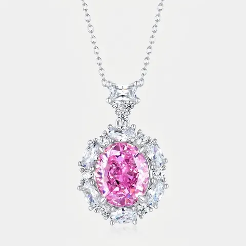 925 Sterlingsilber Rosa Zirkonia Halo Anhänger Halskette Für Damen Luxus Geometrische Hochkarätige Diamant Schmuck Zubehör