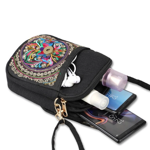 Ethnic Style Embroidered Canvas Crossbody Bag For Women Flower Pattern Mini Phone Purse Vintage Small Shoulder Handbag