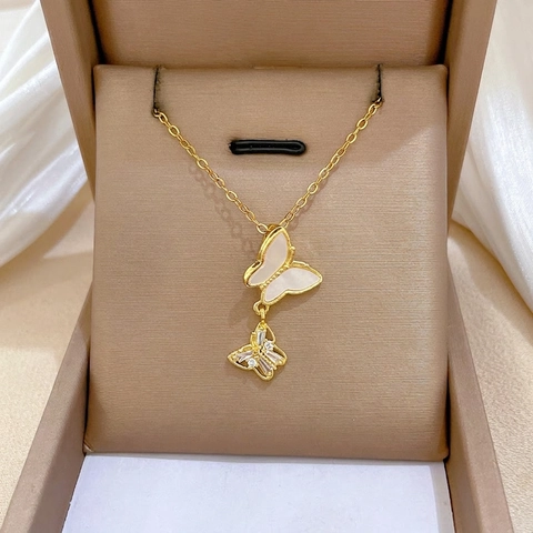 Collana Con Pendente Doppia Farfalla Madreperla Zirconia Placcato Oro Acciaio Inossidabile Gioielli Eleganti Da Donna