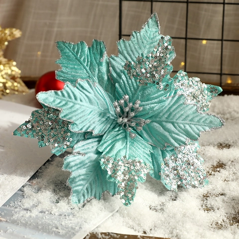 Large Artificial Christmas Poinsettia Flower With Glitter Sequins Fabric Festive Floral Ornament For Home Party Decoration