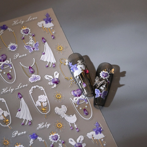 Pegatinas Uñas 3D Relieve Mariposa Morada Flor Autoadhesivo Vintage Ensueño Lazo Perla Artificial Diseño Manicura Decoración