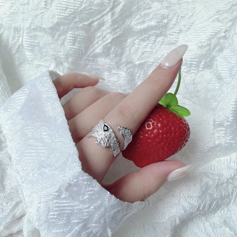925 Sterling Silver Irregular Wrinkled Texture Open Ring For Women Vintage Black Rhinestone Inlaid Adjustable Finger Jewelry