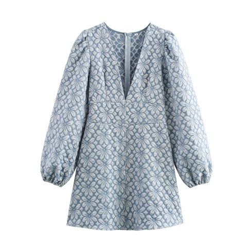 Women Elegant Jacquard V-Neck Mini Dress Lantern Long Sleeve High Waist Floral Pattern Polyester Vintage
