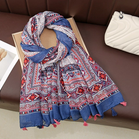 Damen Bohemian Geometrisches Muster Schal Lang Dünn Polyester Schultertuch Mit Quasten Ethno Stil Retro Reise Sonnenschutz