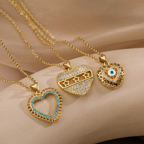 Heart Pendant Necklace Copper Gold Plated Zircon Evil Eye Star Hollow Clavicle Chain Fashion Jewelry For Women