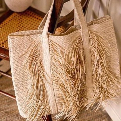 Damen Stroh Gewebte Tragetasche Mit Fransen Quasten Große Kapazität Handgemachte Strandurlaub Handtasche Boho Stil
