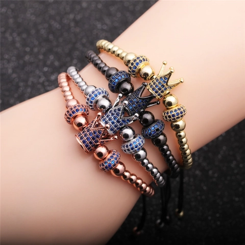Luxury Crown Beaded Bracelets Blue Micro Pave Cubic Zirconia Copper Alloy Adjustable Braided Rope Jewelry Men