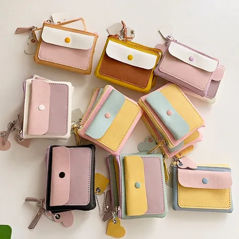 Patchwork PU Leather Coin Purse Card Holder Lanyard Heart Pendant Snap Button Zipper Closure Macaron Color Cute Wallet