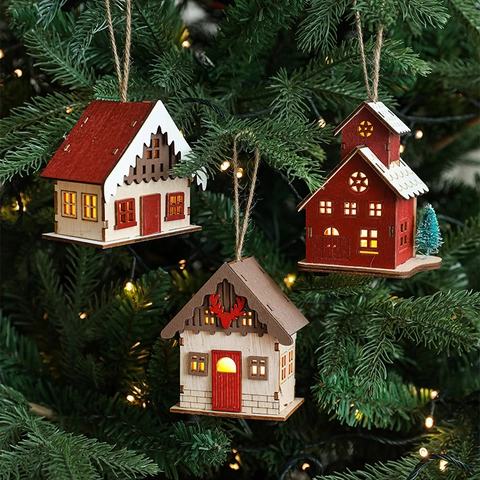 Ornement Maison De Noël En Bois Lumineux LED Mini Cabane Suspendue Pour Sapin De Noël Décoration De Table Festive