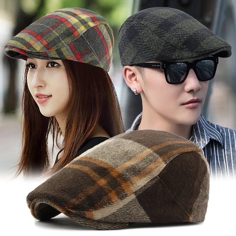 Vintage British Style Woolen Plaid Beret Hat For Men Women Autumn Winter Warm Adjustable Flat Cap Newsboy Painter Hat