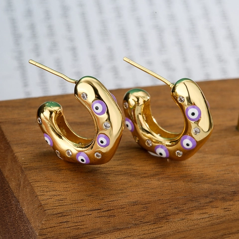 Evil Eye C-Form Creolen Gold Vergoldetes Kupfer Bunte Emaille Mikroeinlage Zirkon Geometrisch Ins Stil Für Damen