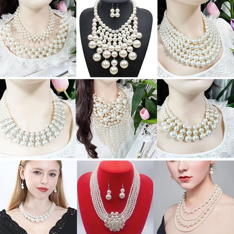 Exaggerated Multi Layer Faux Artificial Pearl Necklace And Earrings Jewelry Elegant Bridal Wedding Alloy Rhinestone Accessories For Women