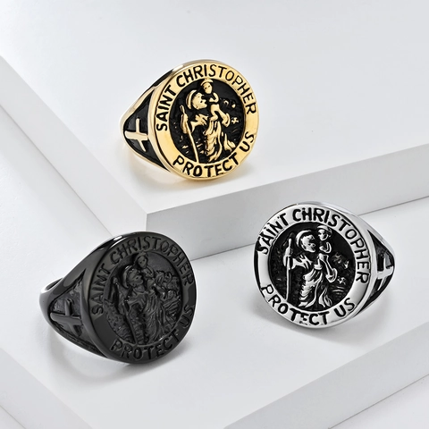 Anillo Vintage San Cristóbal De Acero Inoxidable Relieve Religioso Sello Joyería Amuleto Banda Para Hombres
