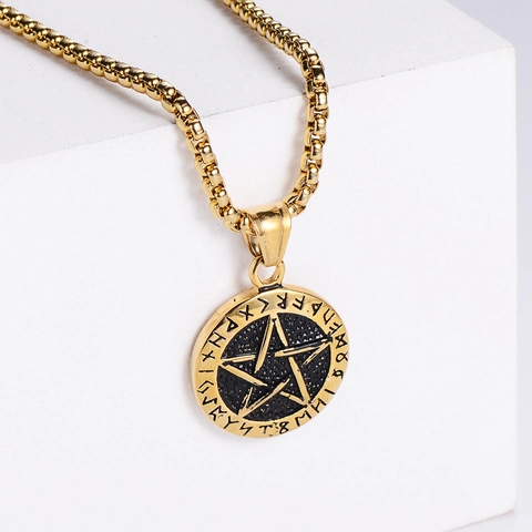 Collana Pendente Rotondo Runa Pentacolo Acciaio Inossidabile 304 Stile Vichingo Nordico Retrò Gioielli