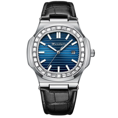 Luxury Men Business Quartz Watch Rhinestone Bezel Alloy Case Waterproof Luminous Date Square Dial Fashion Wristwatch