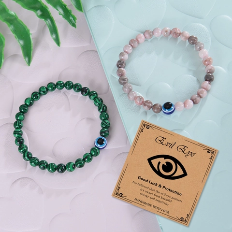 Evil Eye Beaded Bracelet Natural Stone Pink Zebra Tiger Eye Handmade Protection Charm Jewelry Women Men Gift