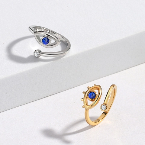 Minimalist Evil Eye Open Ring For Women Copper Gold Silver Plated Blue Spinel Zirconia Adjustable Fashion Jewelry Gift